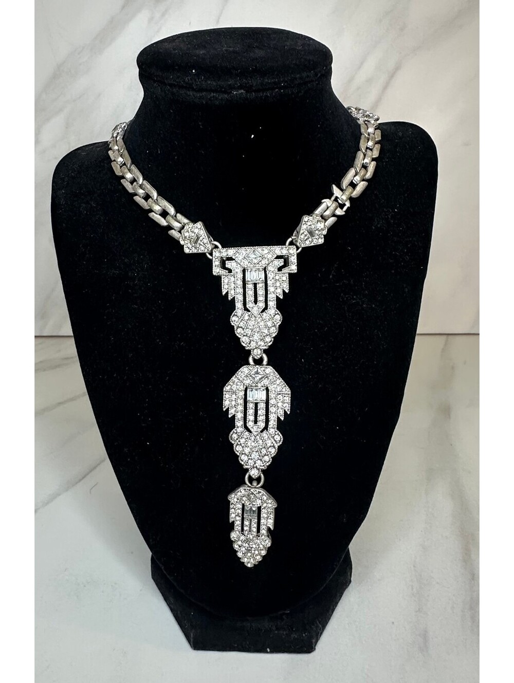 Rhinestone silvertone Y-Drop bib lariat statement necklace